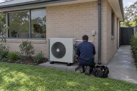 A technician servicing an air conditioning outdoor unit with manifold gauges against the rendered rear wall of an Australian home