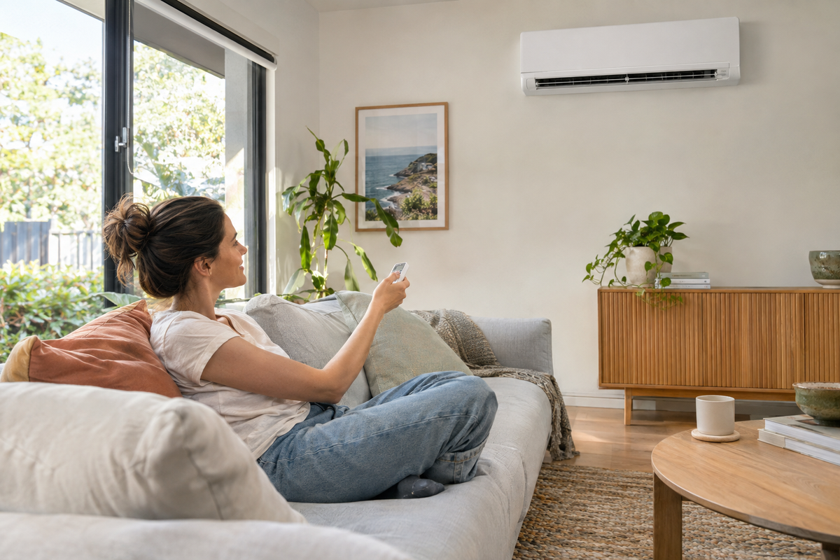 Window air conditioner in an Australian home, illustrating: Choosing a 2.5 kW air conditioner for your home