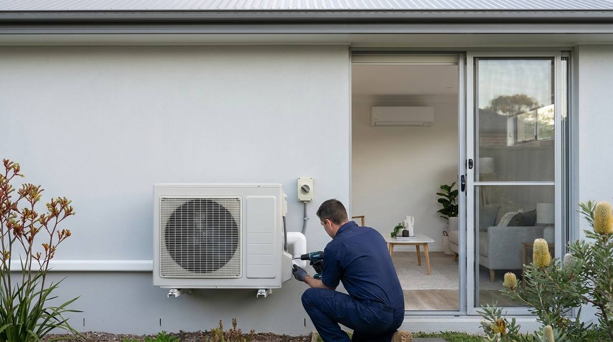 A technician commissioning a new air conditioning outdoor unit beside an open sliding door, the new indoor unit visible high on the wall inside the Australian home