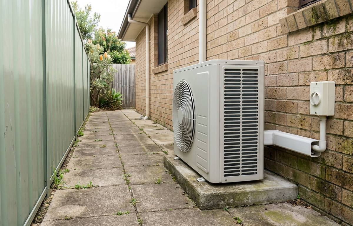 An air conditioning outdoor unit installed on a concrete slab in the side passage of an Australian brick veneer home, beside a Colorbond fence