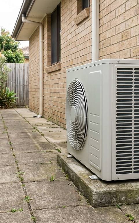 An air conditioning outdoor unit installed on a concrete slab in the side passage of an Australian brick veneer home, beside a Colorbond fence