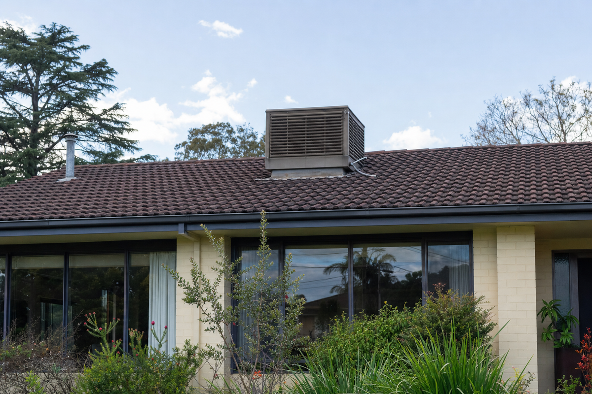 An evaporative cooler on the roofline of an Australian home seen from the front garden