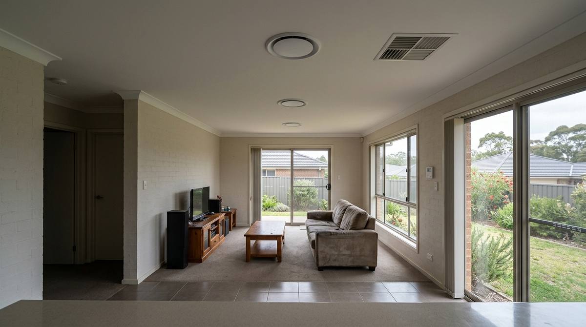 Three round ceiling diffusers evenly spaced in the ceiling of a family room beside the kitchen of an Australian project home, with a rectangular return air grille