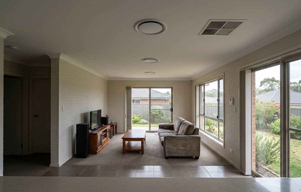 Three round ceiling diffusers evenly spaced in the ceiling of a family room beside the kitchen of an Australian project home, with a rectangular return air grille
