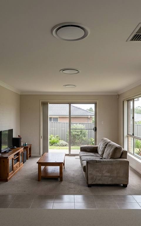 Three round ceiling diffusers evenly spaced in the ceiling of a family room beside the kitchen of an Australian project home, with a rectangular return air grille