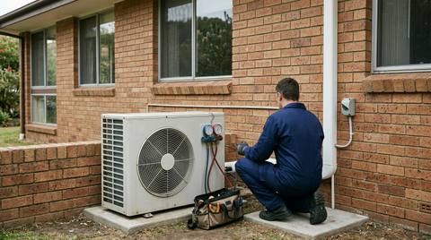 A technician with service gauges at the outdoor unit of a 1970s Australian double-brick home during an air conditioning repair