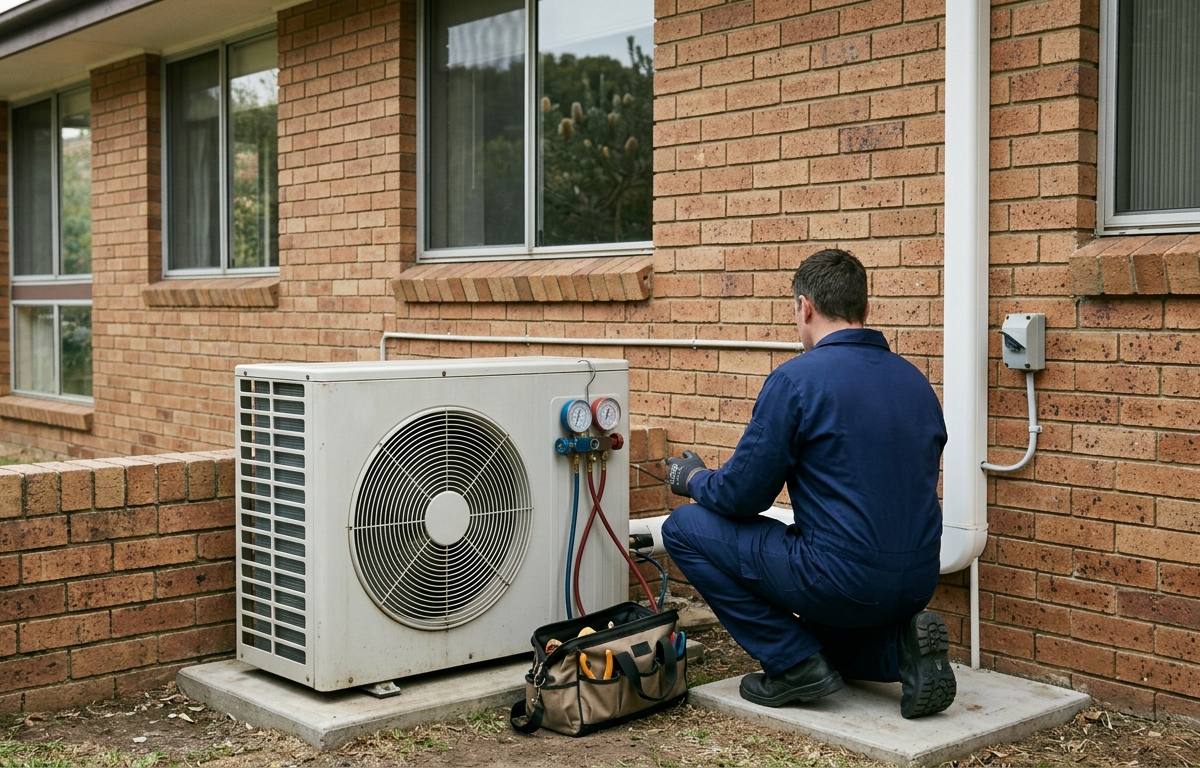 A technician with service gauges at the outdoor unit of a 1970s Australian double-brick home during an air conditioning repair