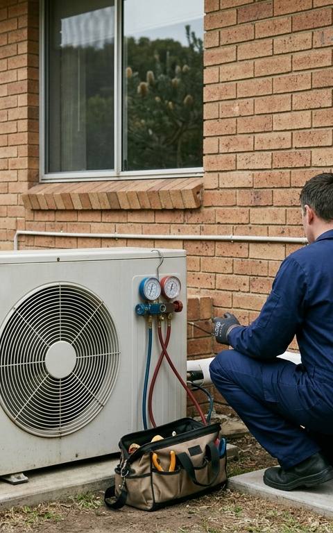 A technician with service gauges at the outdoor unit of a 1970s Australian double-brick home during an air conditioning repair