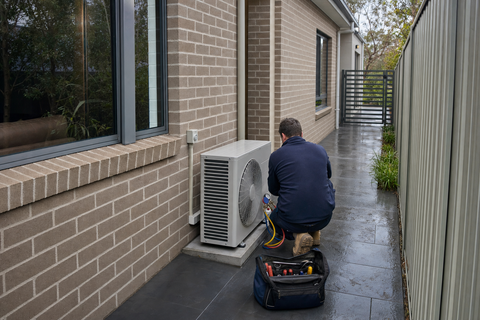 A technician checking service gauges on an air conditioning outdoor unit beside an Australian brick home during a repair visit