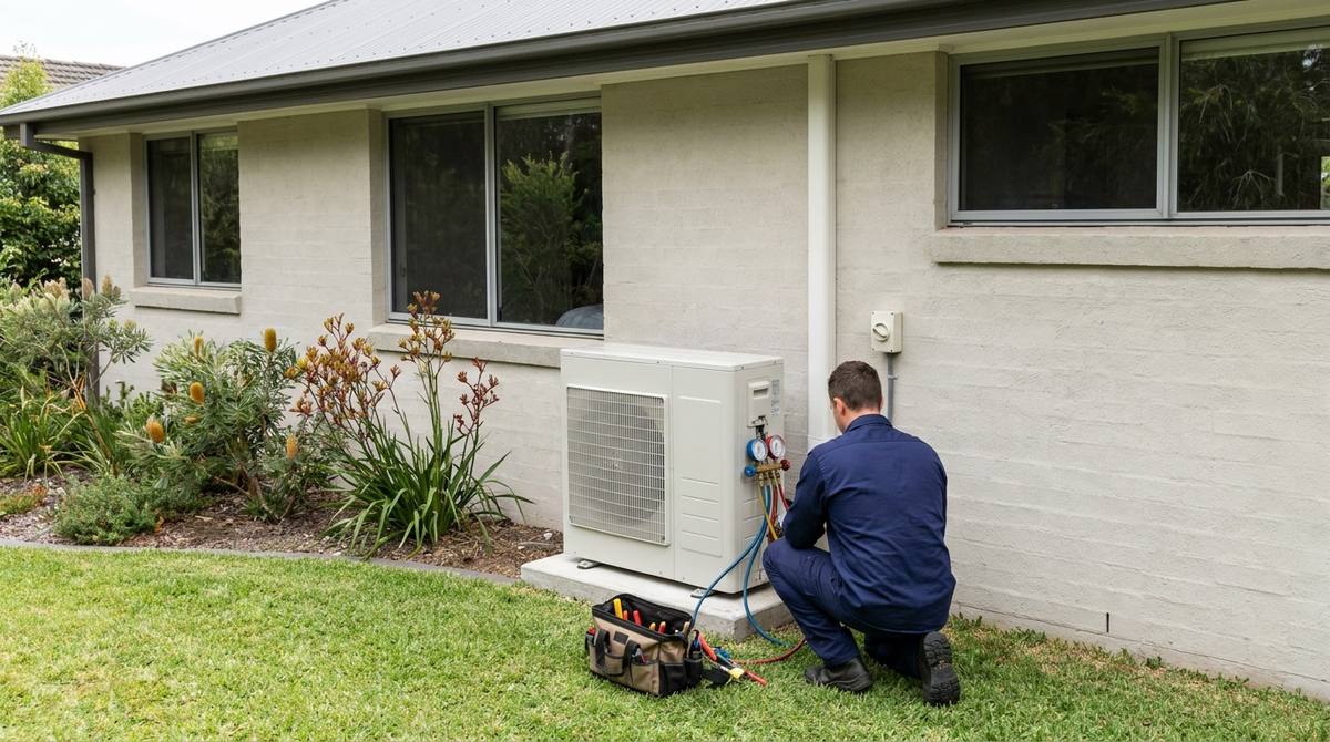 A technician servicing an air conditioning outdoor unit with manifold gauges against the rendered rear wall of an Australian home