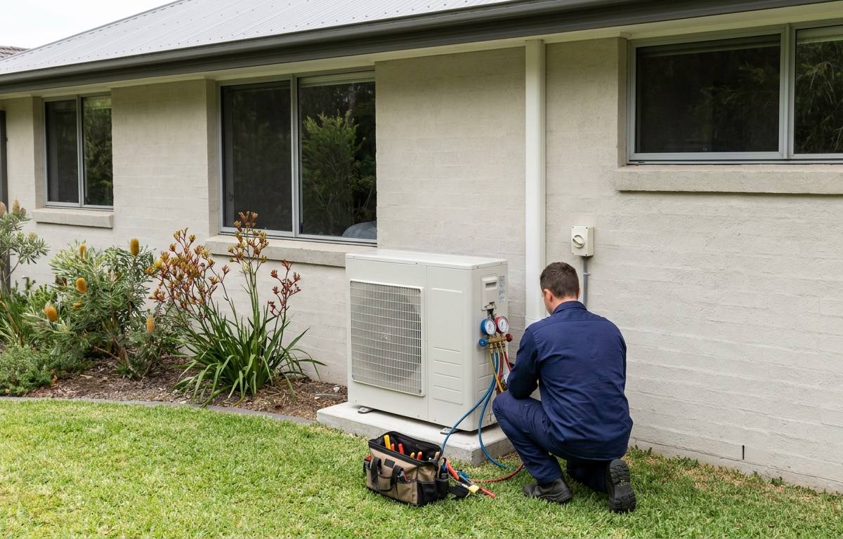 A technician servicing an air conditioning outdoor unit with manifold gauges against the rendered rear wall of an Australian home