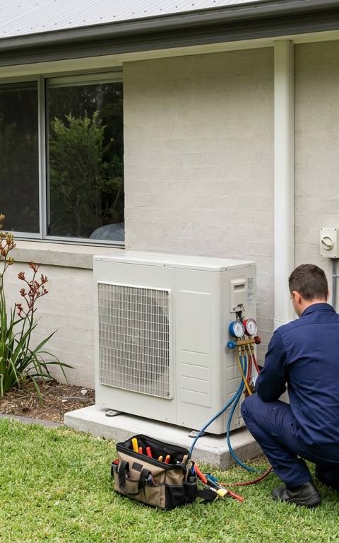 A technician servicing an air conditioning outdoor unit with manifold gauges against the rendered rear wall of an Australian home