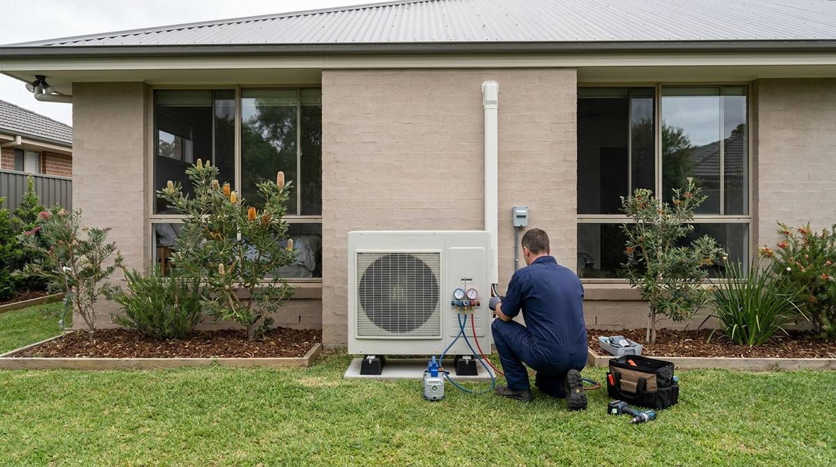 A technician commissioning a new air conditioning outdoor unit against the rendered wall of an Australian home, vacuum pump and gauges connected