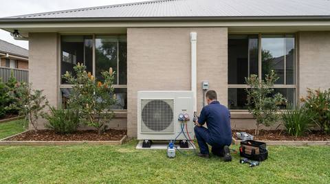 A technician commissioning a new air conditioning outdoor unit against the rendered wall of an Australian home, vacuum pump and gauges connected