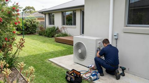 A technician commissioning a new air conditioning outdoor unit against the rendered wall of an Australian home, vacuum pump and gauges connected