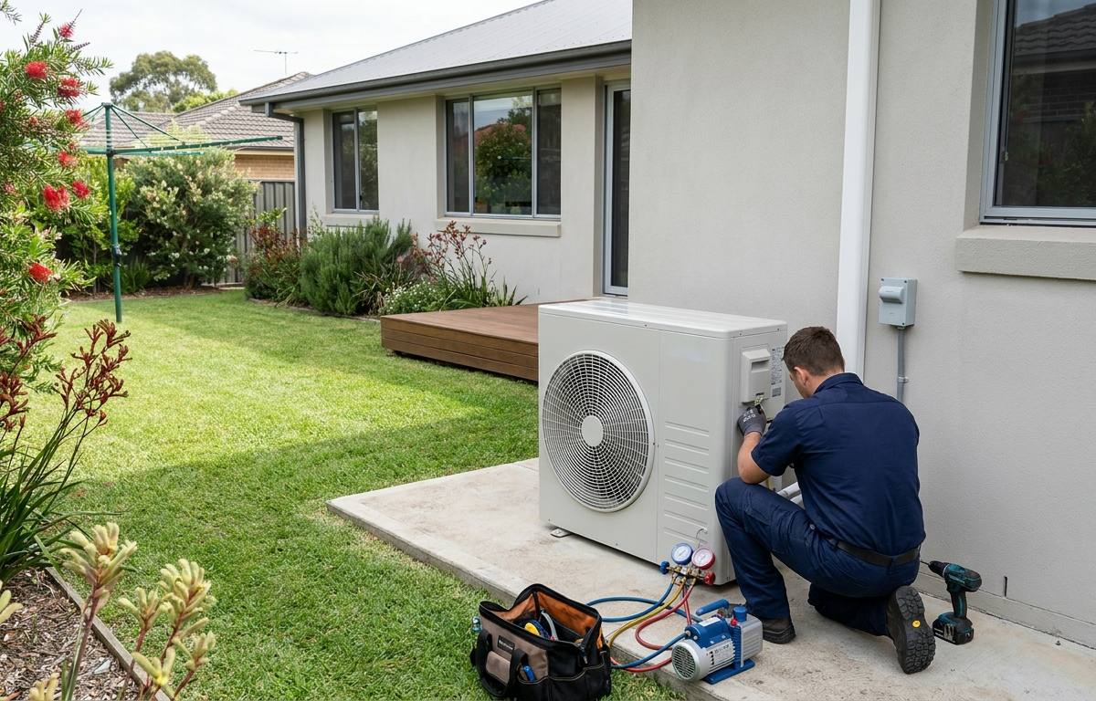 A technician commissioning a new air conditioning outdoor unit against the rendered wall of an Australian home, vacuum pump and gauges connected