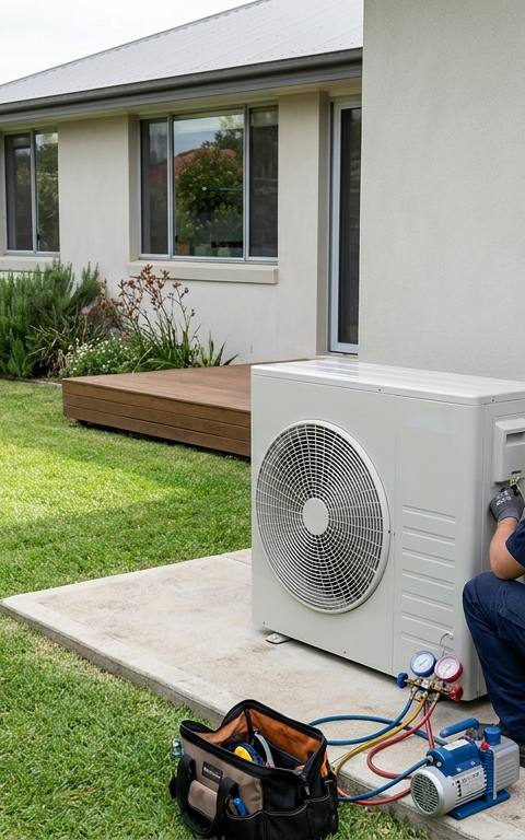 A technician commissioning a new air conditioning outdoor unit against the rendered wall of an Australian home, vacuum pump and gauges connected