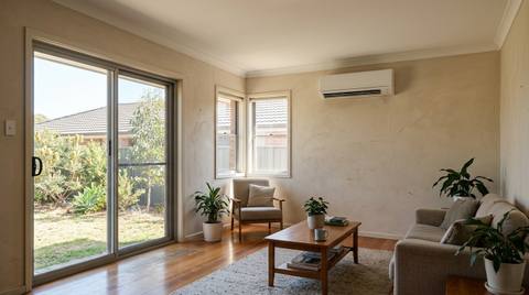 A wall-mounted split system indoor unit fixed high on the internal wall of a living room in a Sydney brick veneer home