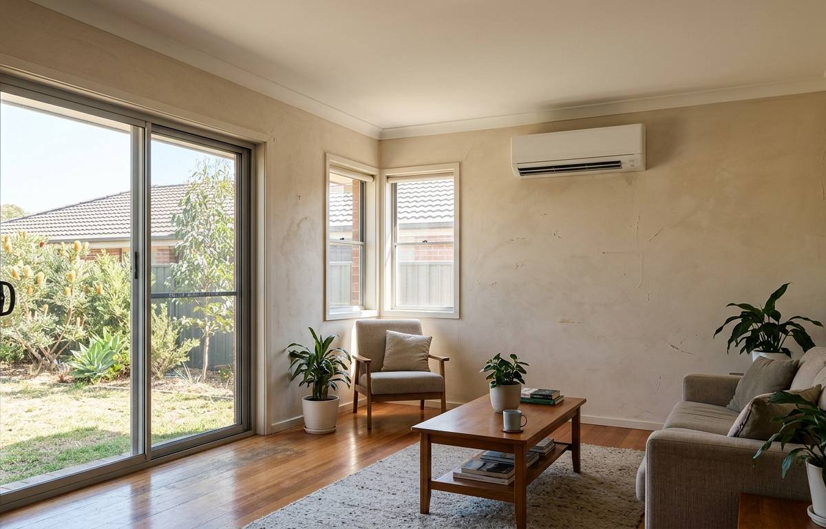 A wall-mounted split system indoor unit fixed high on the internal wall of a living room in a Sydney brick veneer home
