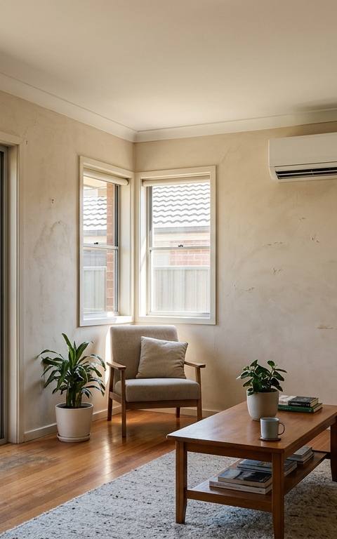 A wall-mounted split system indoor unit fixed high on the internal wall of a living room in a Sydney brick veneer home