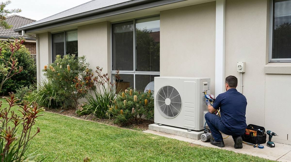 A technician commissioning a new air conditioning outdoor unit against the rendered wall of an Australian home, vacuum pump and gauges connected