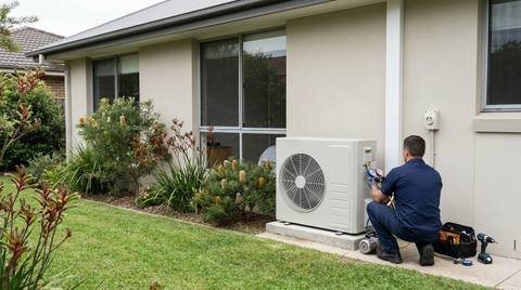 A technician commissioning a new air conditioning outdoor unit against the rendered wall of an Australian home, vacuum pump and gauges connected