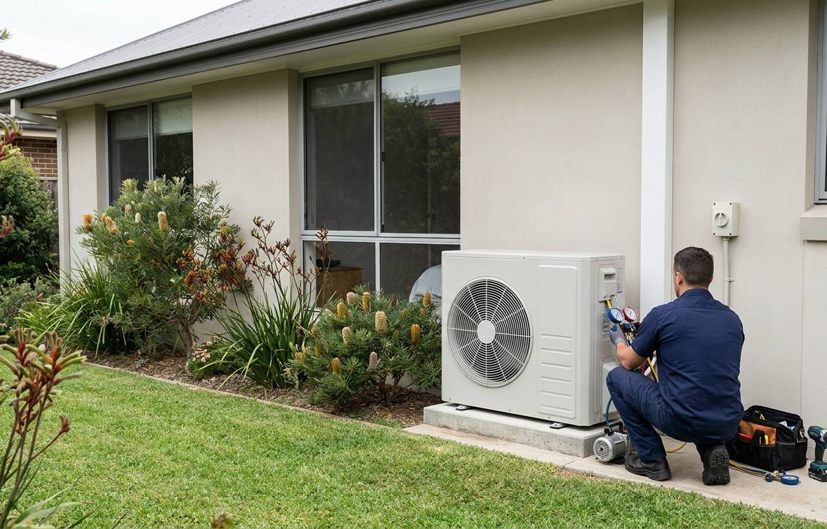 A technician commissioning a new air conditioning outdoor unit against the rendered wall of an Australian home, vacuum pump and gauges connected