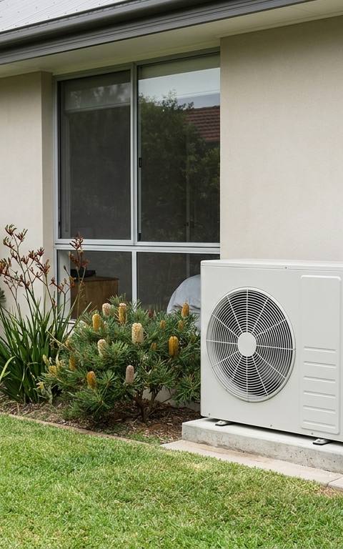 A technician commissioning a new air conditioning outdoor unit against the rendered wall of an Australian home, vacuum pump and gauges connected