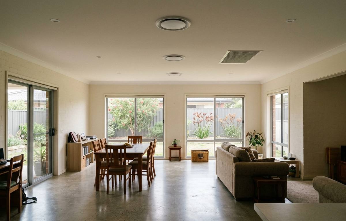 Three round ceiling diffusers evenly spaced along the centre of an open-plan Australian living area, with a larger rectangular return air grille set into the same ceiling