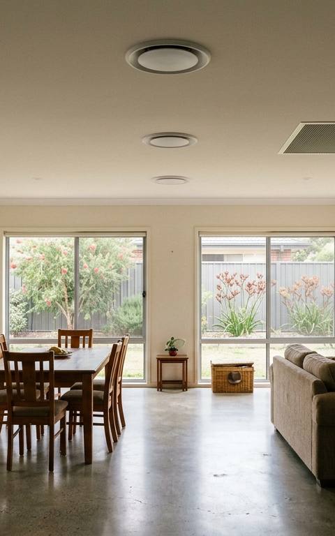 Three round ceiling diffusers evenly spaced along the centre of an open-plan Australian living area, with a larger rectangular return air grille set into the same ceiling