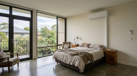 A wall-mounted split system indoor unit fixed high on the side wall of a bedroom in an Australian home, clear of the bed head