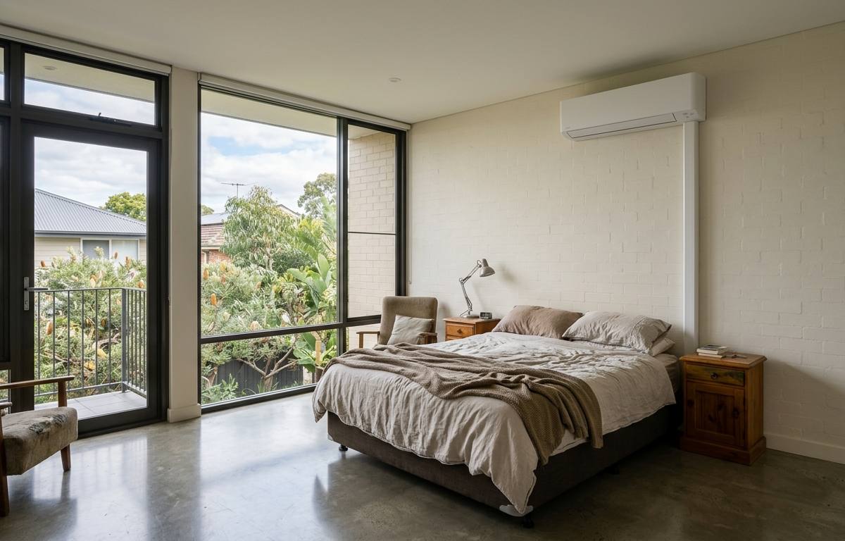 A wall-mounted split system indoor unit fixed high on the side wall of a bedroom in an Australian home, clear of the bed head