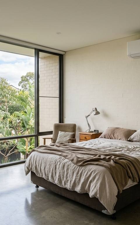A wall-mounted split system indoor unit fixed high on the side wall of a bedroom in an Australian home, clear of the bed head