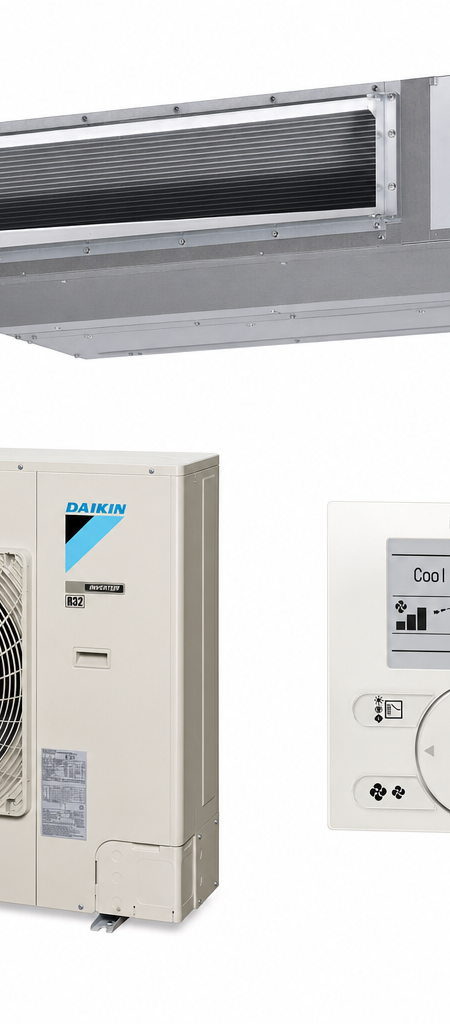 Daikin 12.5 kW three-phase ducted air conditioner indoor and outdoor units
