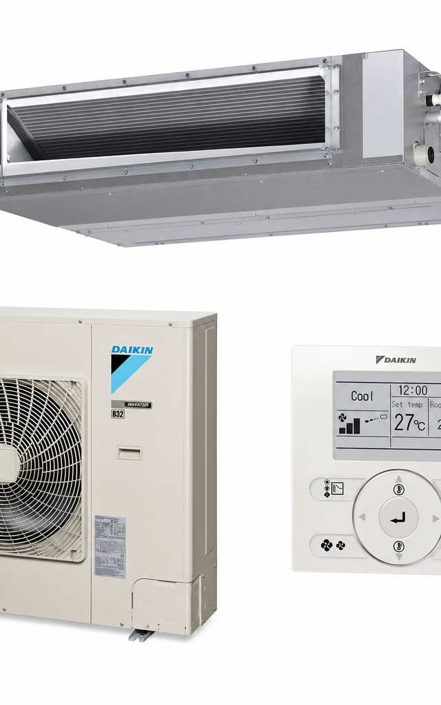 Daikin 12.5 kW three-phase ducted air conditioner indoor and outdoor units