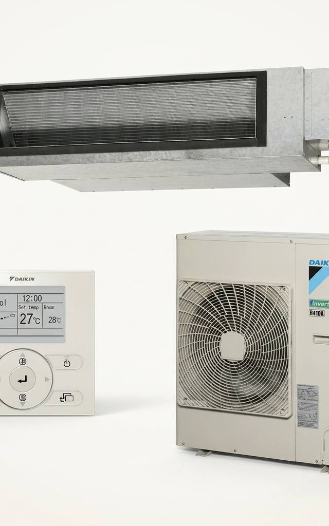Daikin 8.5 kW three-phase ducted air conditioner indoor and outdoor units