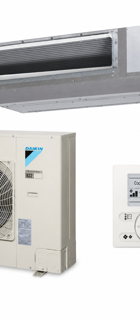 Daikin 8.5 kW three-phase ducted air conditioner indoor and outdoor units