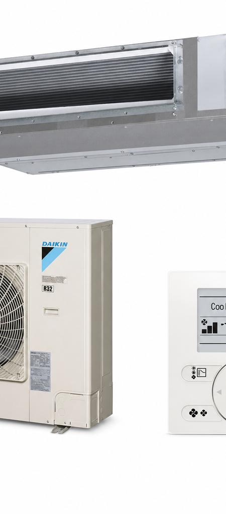 Daikin 8.5 kW three-phase ducted air conditioner indoor and outdoor units