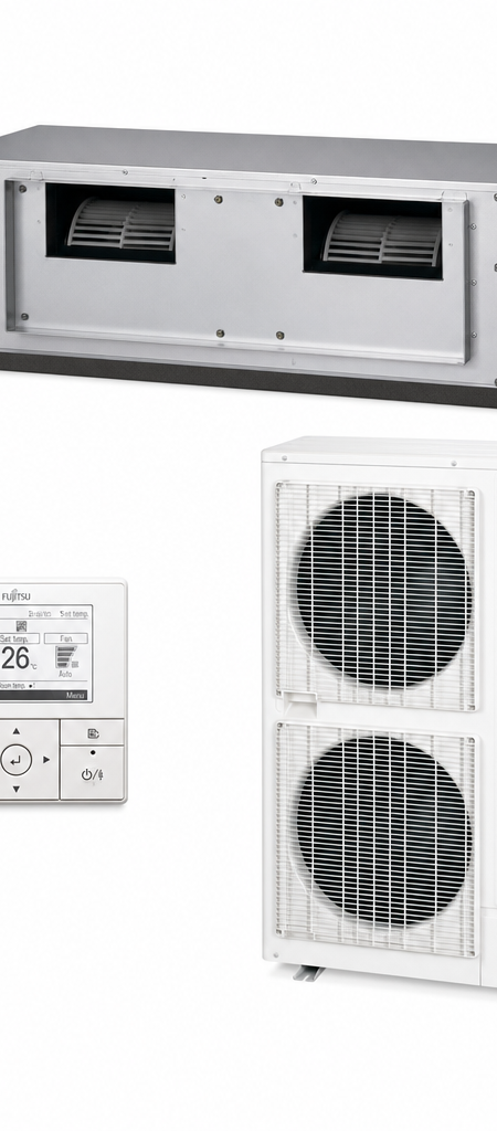 Fujitsu 10.5 kW three-phase ducted air conditioner indoor and outdoor units