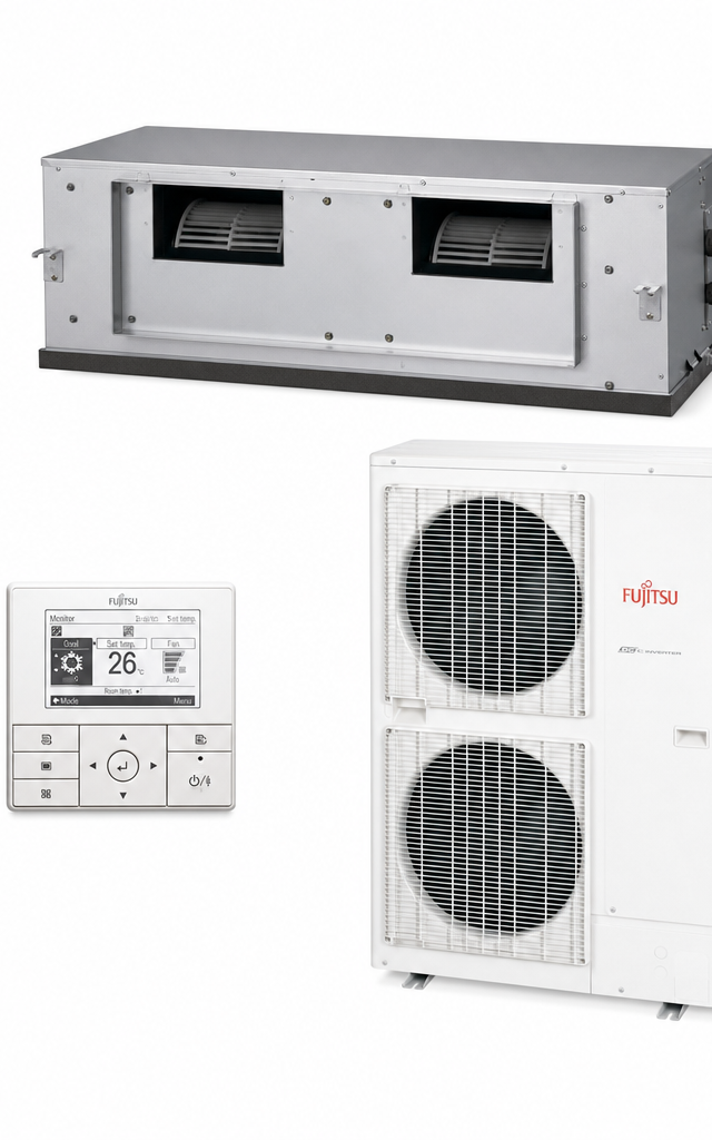 Fujitsu 10.5 kW three-phase ducted air conditioner indoor and outdoor units