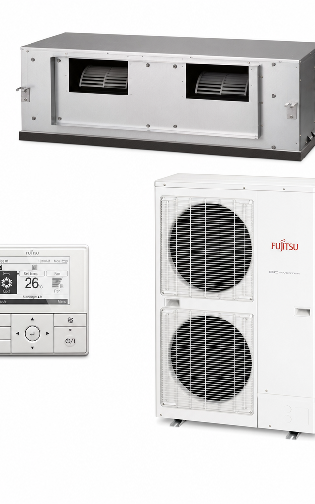 Fujitsu 12.5 kW three-phase ducted air conditioner indoor and outdoor units