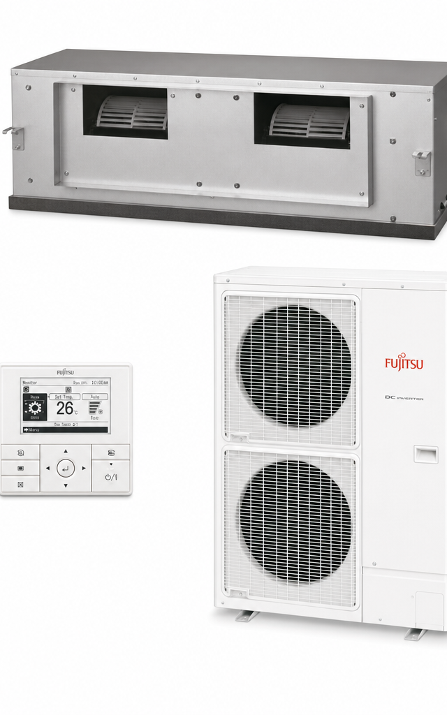 Fujitsu 15 kW three-phase ducted air conditioner indoor and outdoor units