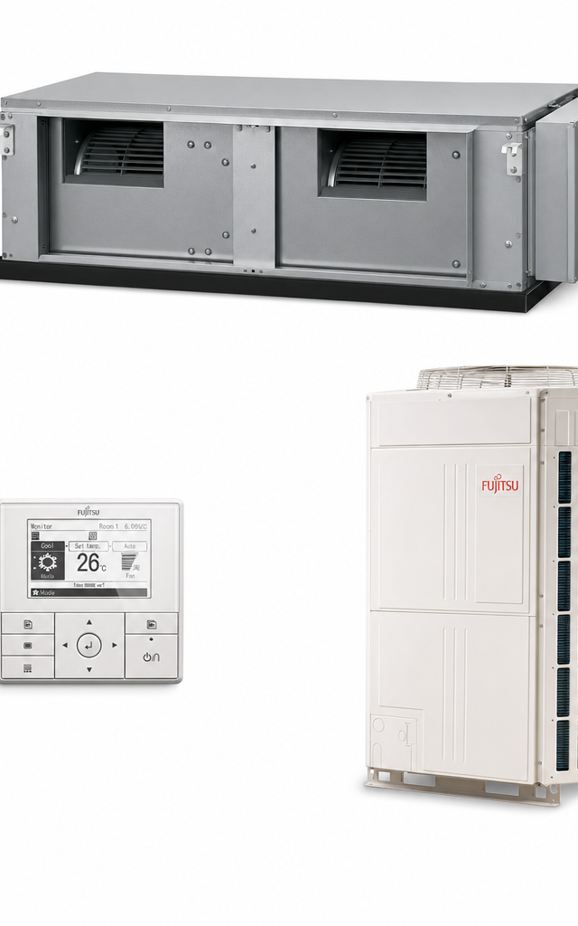 Fujitsu 20.3 kW three-phase ducted air conditioner indoor and outdoor units