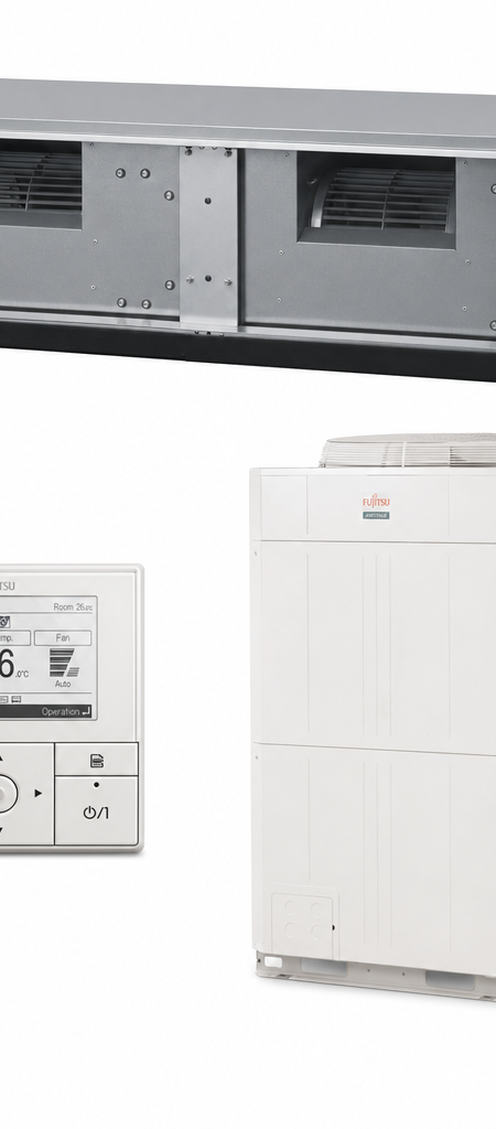 Fujitsu 25 kW three-phase ducted air conditioner indoor and outdoor units