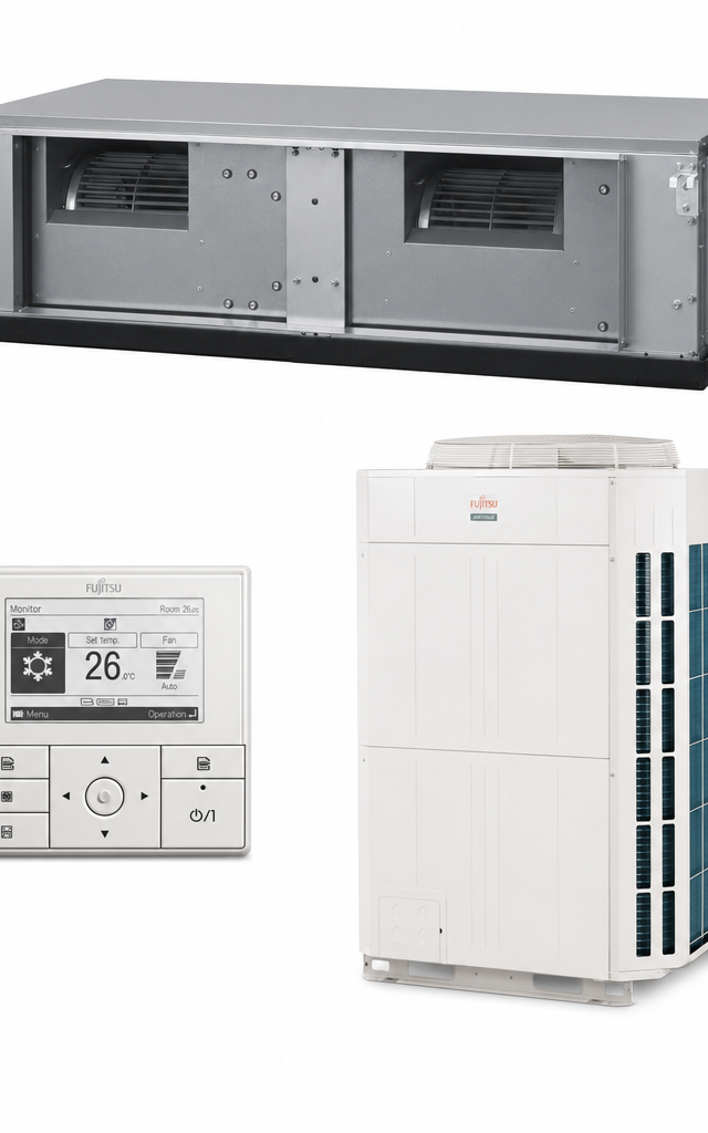 Fujitsu 25 kW three-phase ducted air conditioner indoor and outdoor units