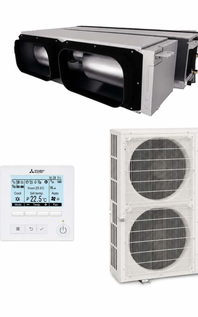 Mitsubishi Electric 10 kW three-phase ducted air conditioner indoor and outdoor units