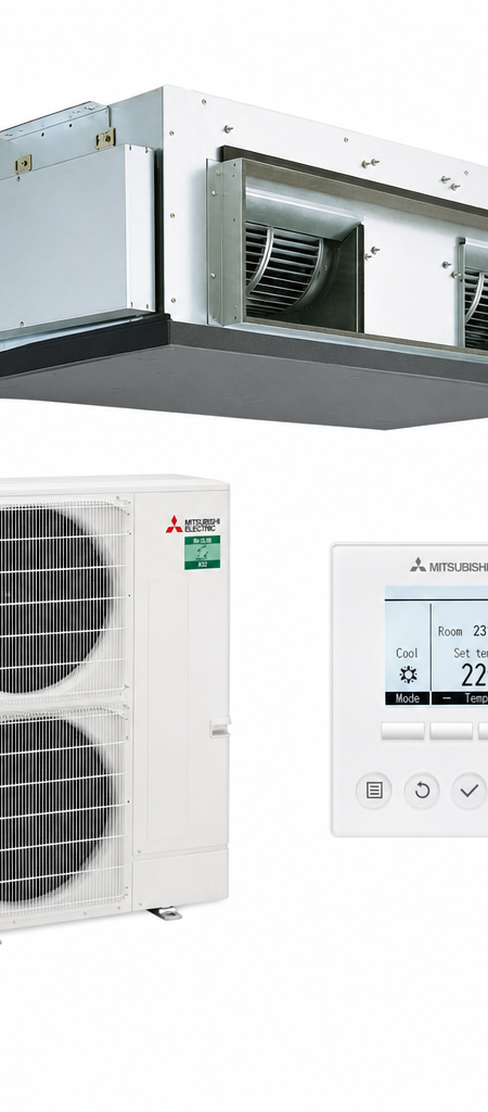 Mitsubishi Electric 10 kW three-phase ducted air conditioner indoor and outdoor units