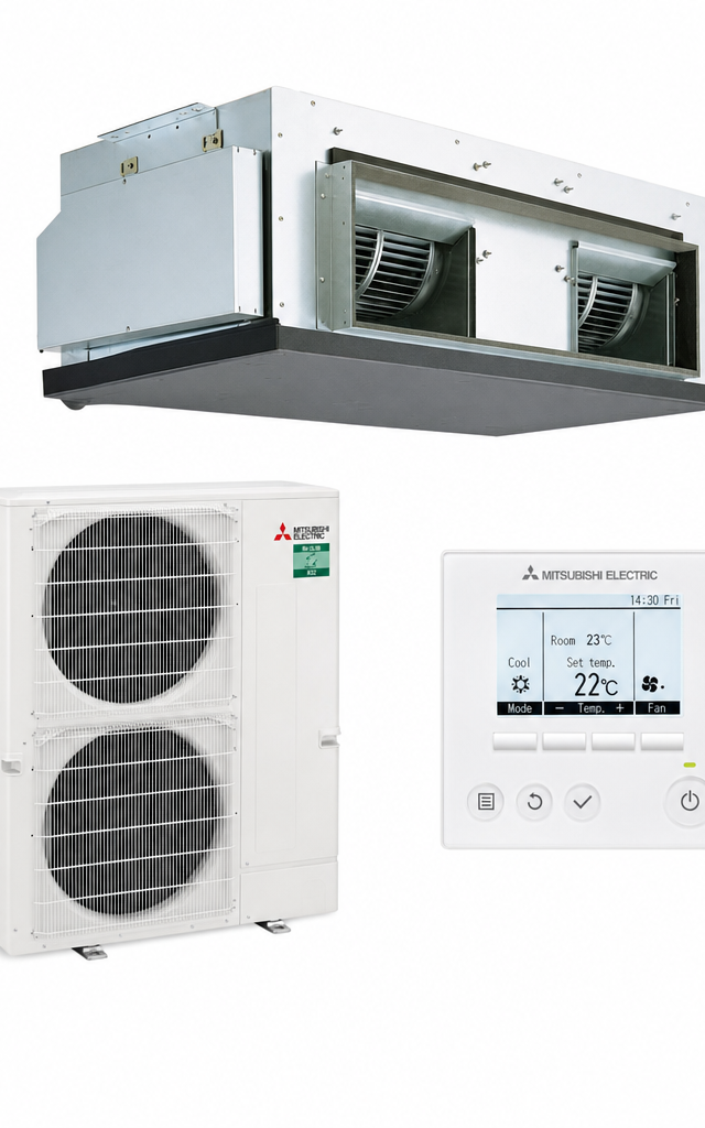 Mitsubishi Electric 10 kW three-phase ducted air conditioner indoor and outdoor units