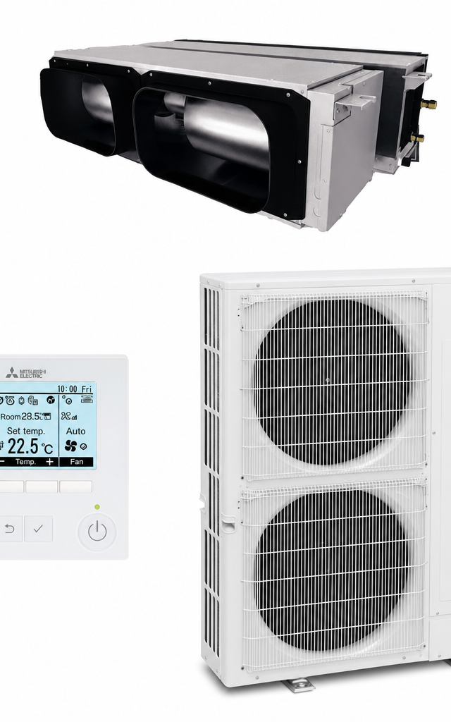 Mitsubishi Electric 12.5 kW three-phase ducted air conditioner indoor and outdoor units