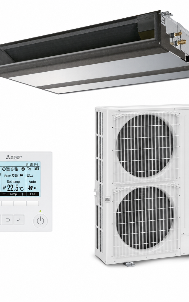 Mitsubishi Electric 12.5 kW three-phase ducted air conditioner indoor and outdoor units